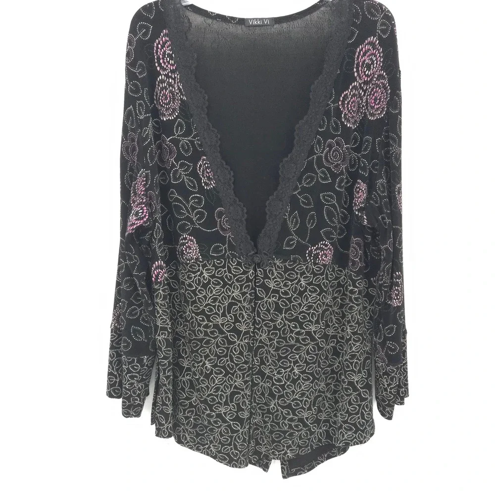 Vikki Vi Cardigan Top Women 2X Black Pink Floral Lace Trim Boho Whimsigoth